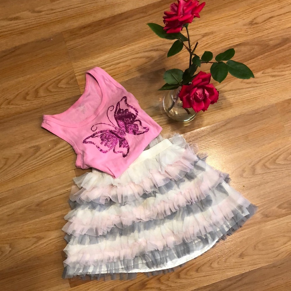 Two piece girls tutu skirt set in pink and grey